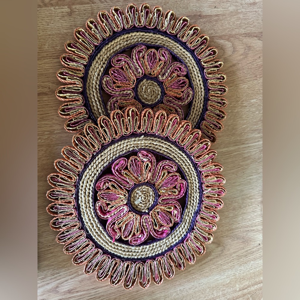 Vintage pair straw rattan raffia woven hot pad trivets